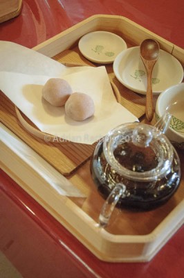 Red bean wagashi and tea at the Shimogamo Shrine